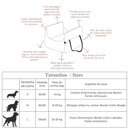 CarSeat para cães — features e sizes. Cama de viagem para caes.
